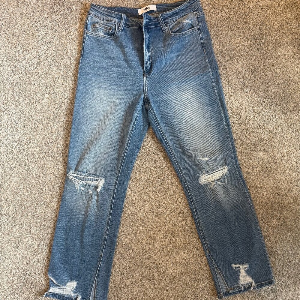 Mica Distressed Cropped Ankle Jean in Blue Wash w/ Raw Hem (Size 30)